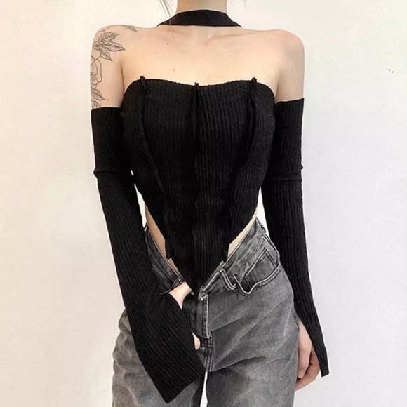 Black off the shoulder choker long sleeve top - Picture 3 of 9